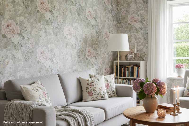 Blomstret tapet skaber liv i stuen